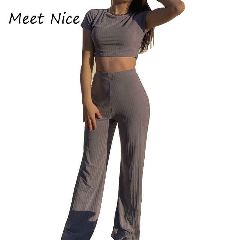 2 Two Piece Set Women Ribbed O Neck Crop Top and Long Pants Set Sexy Autumn Short Sleeve Tracksuit Women Conjunto Feminino 2022
