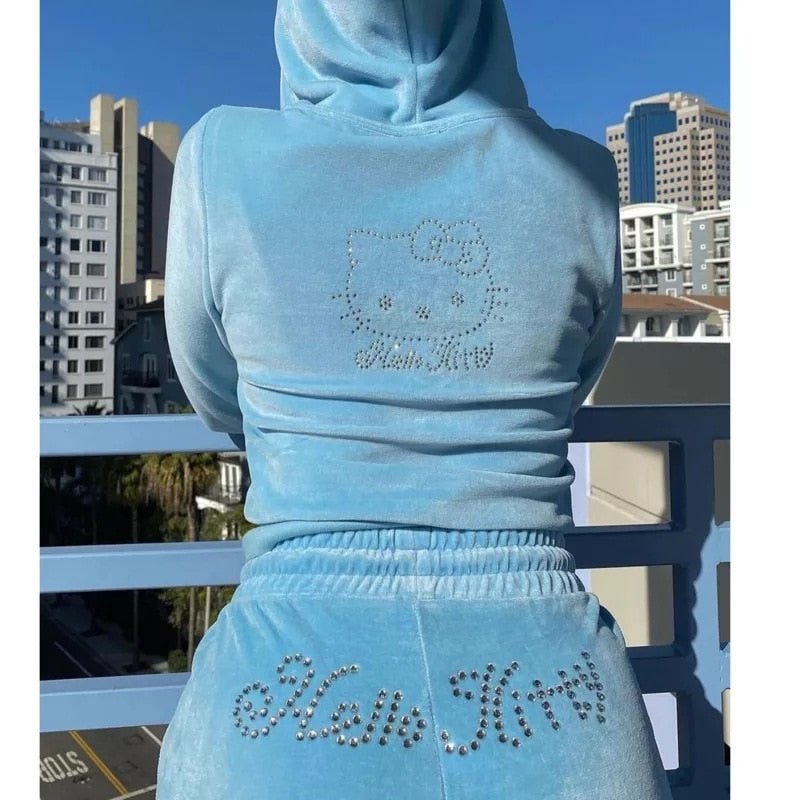 Hello Kitty Women Velvet Sweater Set Zipper Sweatpants Two piece Hoodie Women Zipper Rhinestone Print Velvet Set 2022 Spring