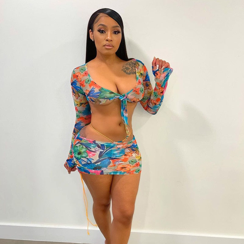 ANJAMANOR Floral Printed Mesh Sexy Top and Skirts Sets Summer Vacation Outfits 2021 Rave Party Club Wear Two Piece Set D85-CE11