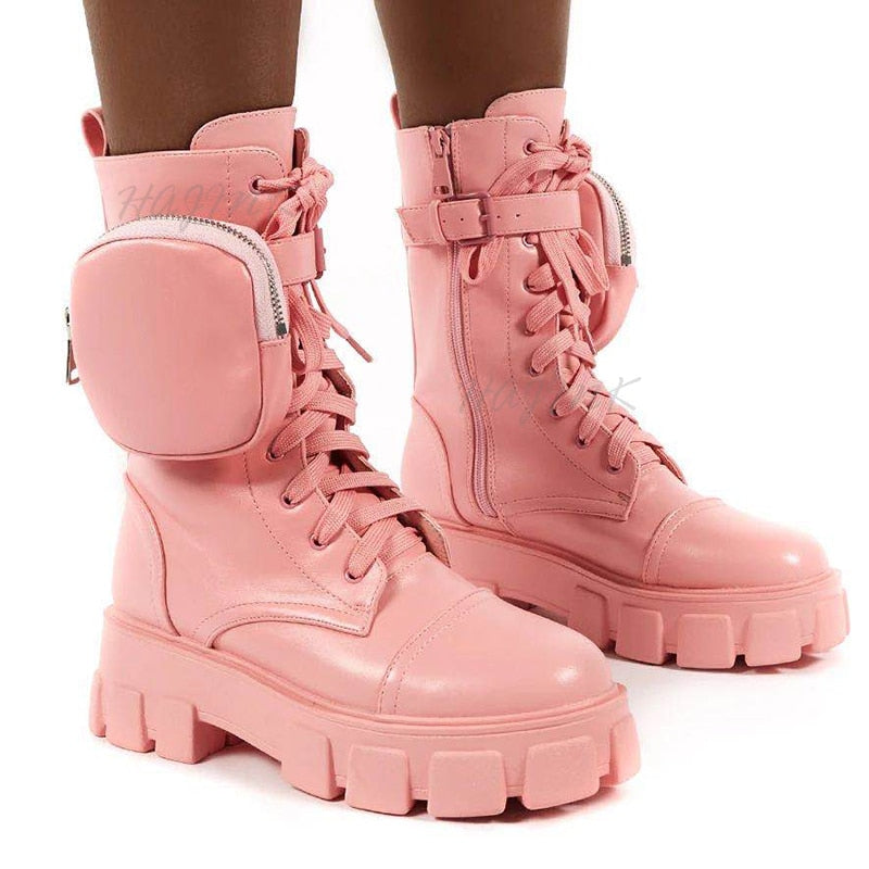 Women Boots 2020 Fashion Chunky Boots Pocket Platform Boots White Shoes For Women Autumn Winter Boots High Heels Botas Mujer