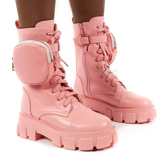 Women Boots 2020 Fashion Chunky Boots Pocket Platform Boots White Shoes For Women Autumn Winter Boots High Heels Botas Mujer