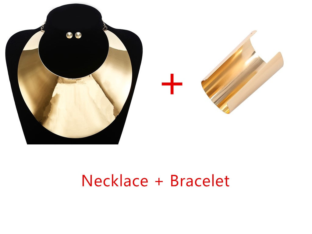 Liffly African Big Chokers Necklaces for Women Statement Metal Geometric Collar Necklace Bracelet Indian Party Jewelry Sets