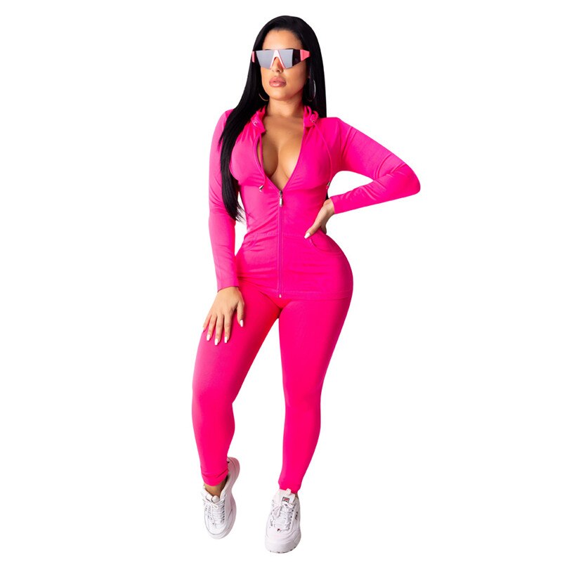 Neon Green Orange Women Two Piece Sets Long Sleeve Zipper Hooded Sweatshirt Tops and Tight Pants Female Jogger Casual Sweatsuit