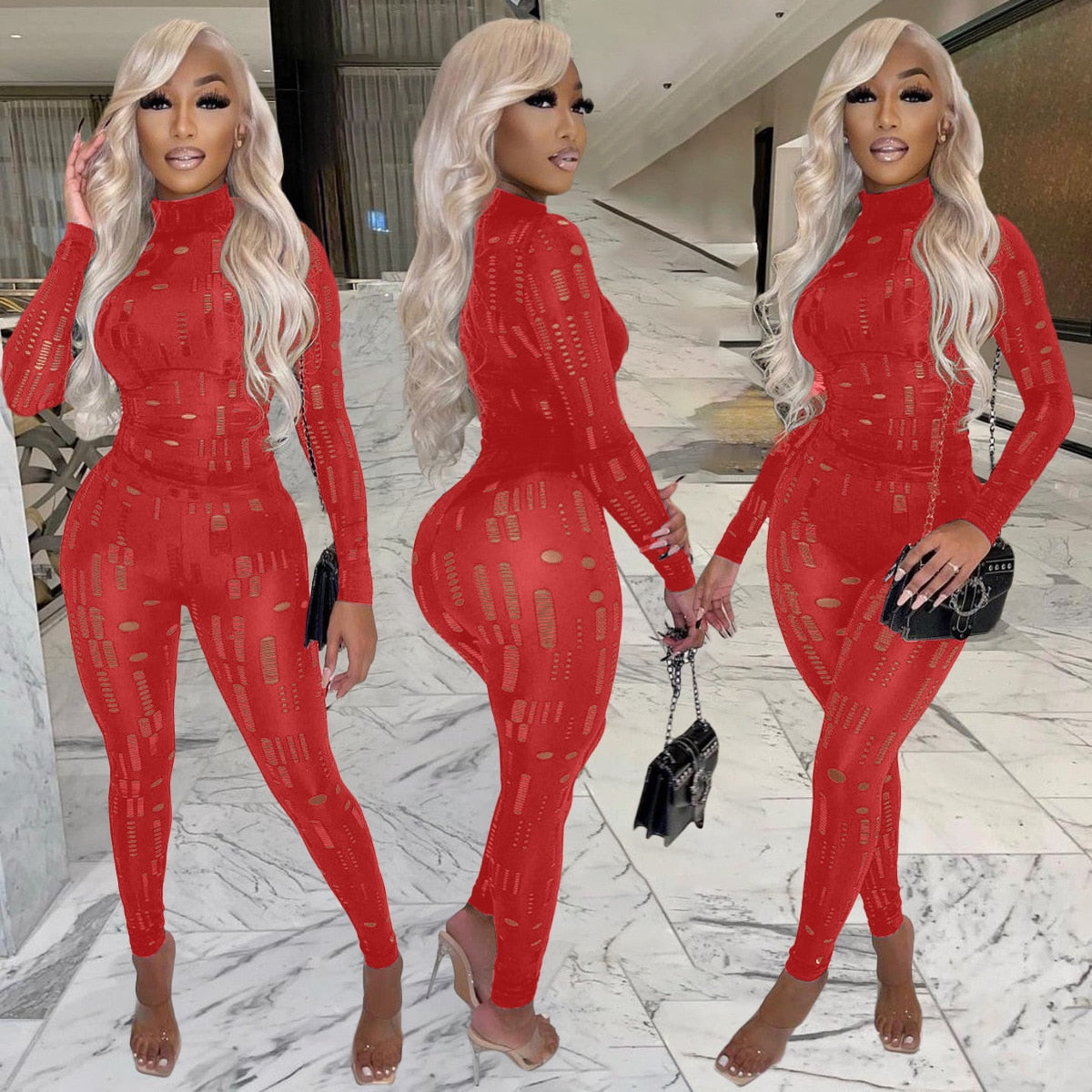 Irregular Hole Fall Trend Skinny  Women Tracksuit Sexy Hollow Out  Top T-Shirt + Slim Pencil Pants 2 Piece Matching Set Outfits