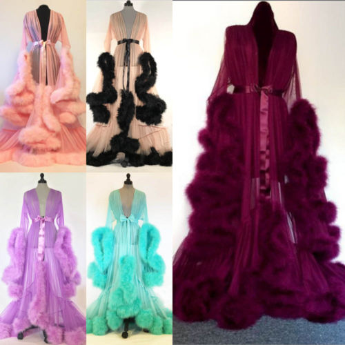 Fashion Gown Mesh Fur Sleep Wear  Night Dress Nightgrown Robes Sexy Women Lingerie Sleepwear Lace Robe Home Clothes Nightwear