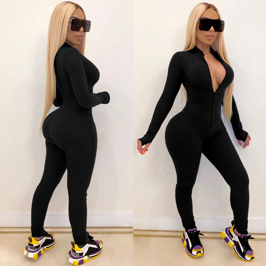 2020 New Style Women Solid Color One Piece Jumpsuit Ladies Zipper Front Long Sleeve Fitness Rompers Playsuits