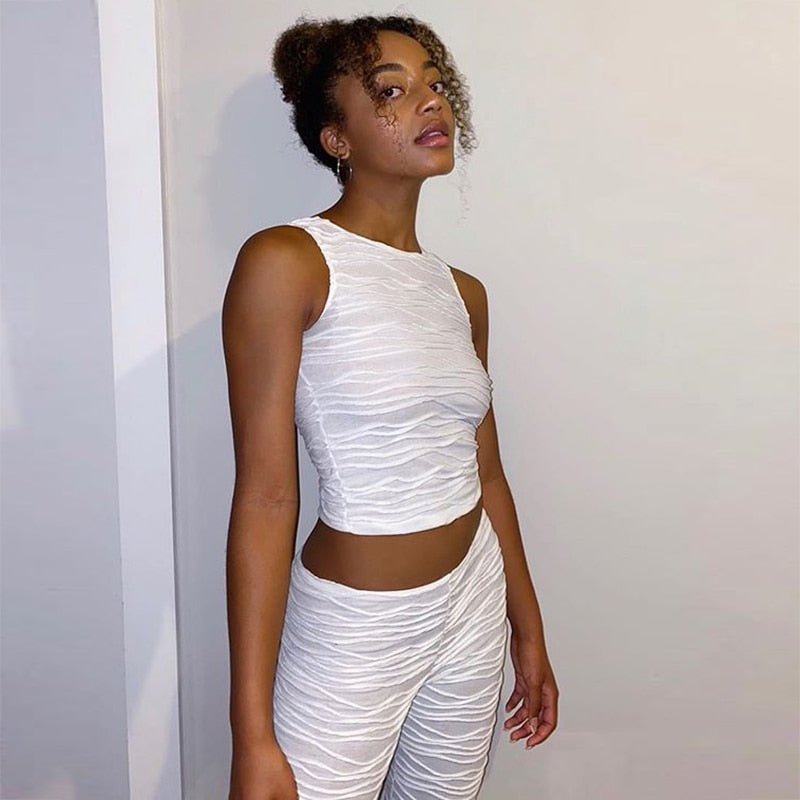 XLLAIS White Fashion Cute Sleeveless Tank Tops High Wasit Pencil Pants Two Piece Sets Women Sexy O-Neck Vests Slim Trousers