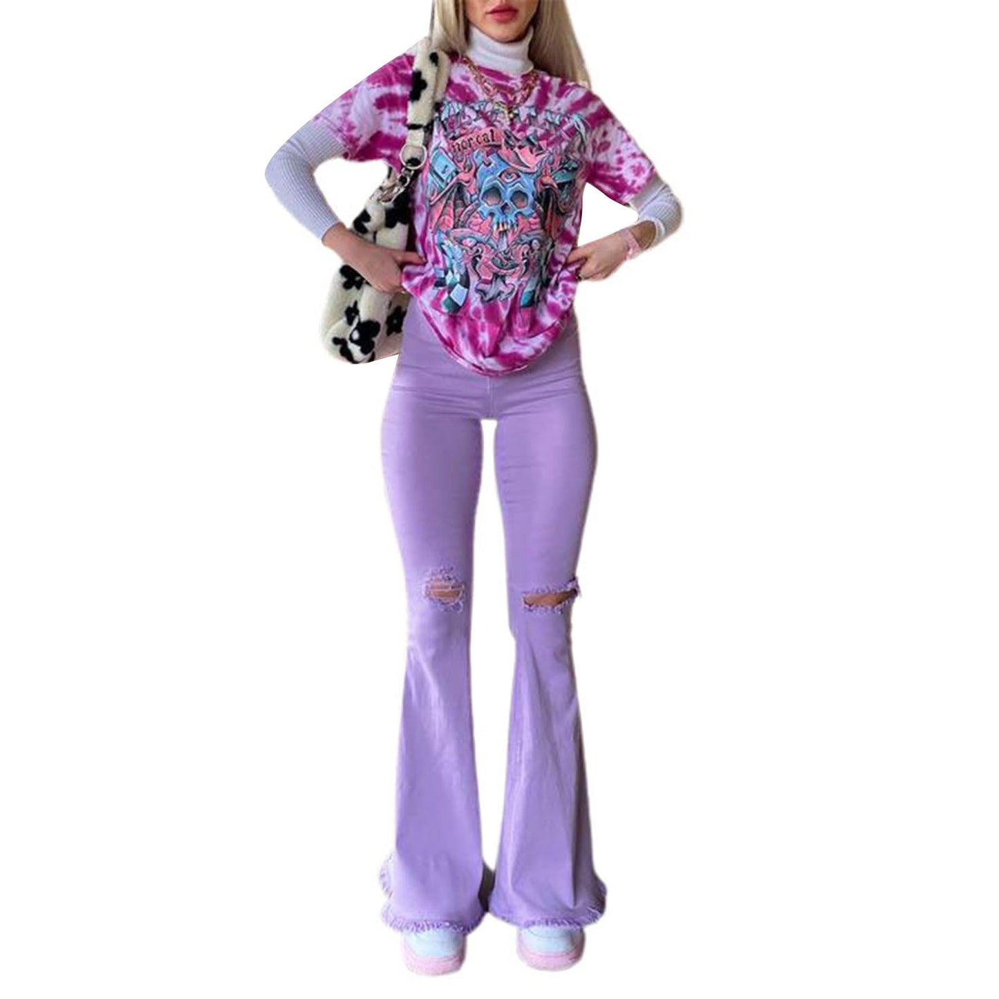 Skinny Flared Jeans High Waist Solid Color Knees Hole Tight Denim Pants Washed Wild Stylish Chic Sexy Tassel Hem Trousers