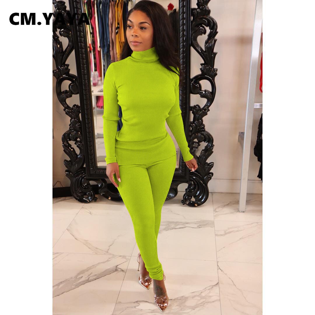 CM.YAYA Basic Ribbed Women's Tracksuit Turtleneck Sweater Tops and Pants Suit Matching Two 2 Piece Set Outfits Knitted Sweatsuit