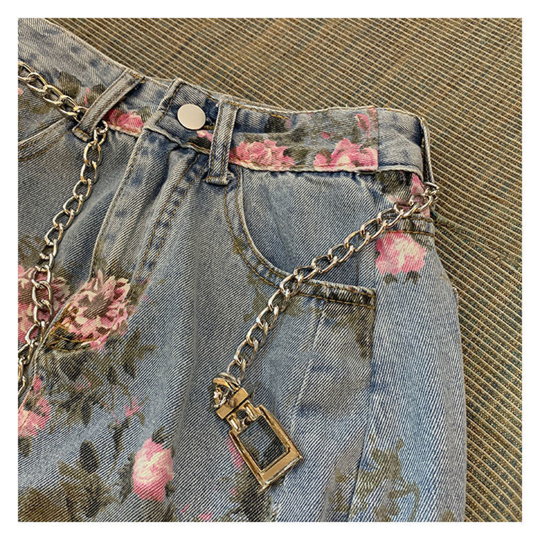 Streetwear Vintage Flowers Print Long Denim Skirts Summer 2021 High Waist Slim Sexy Open Split Straight Skirt Jeans Saias Female