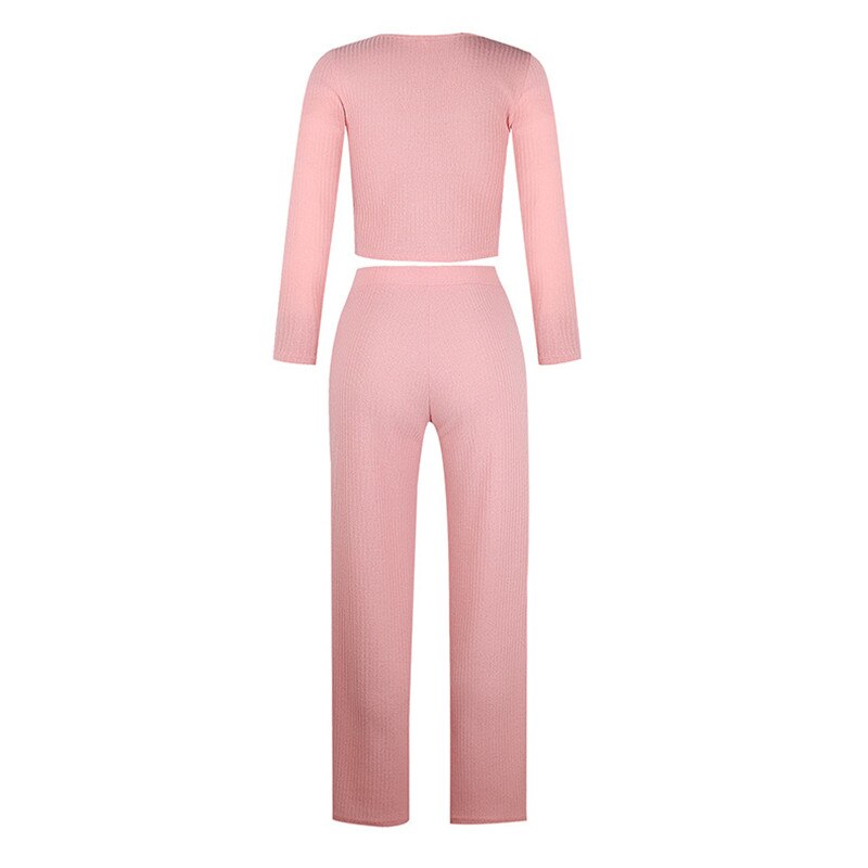 Cardigan Slim Two Piece Set Women Knitted Tracksuit Sexy Crop Top Pants Solid Color Sweatpants Fitness Sweatsuit 2020 Fall