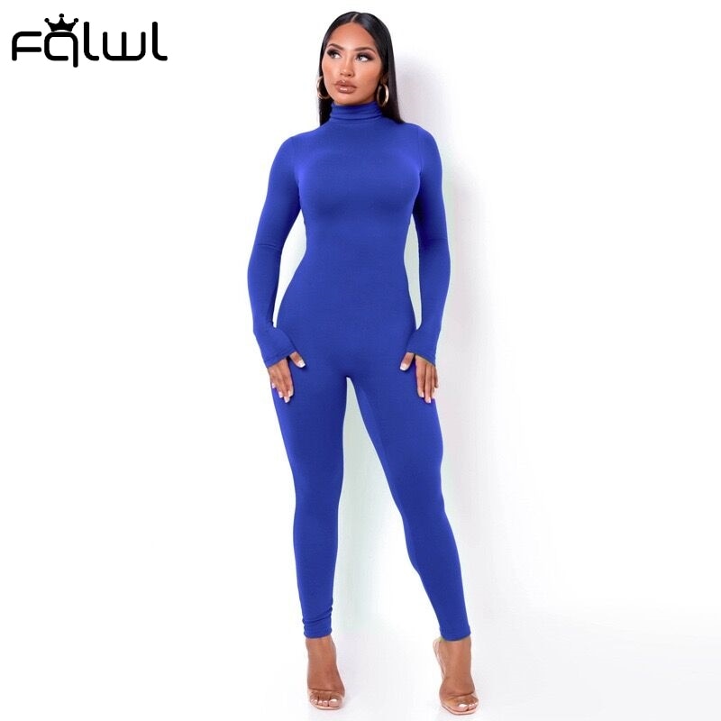 FQLWL Winter Long Sleeve Brown Sexy Bodycon Jumpsuit Women Romper One Piece Outfit Turtleneck White Black Jumpsuit Female Ladies