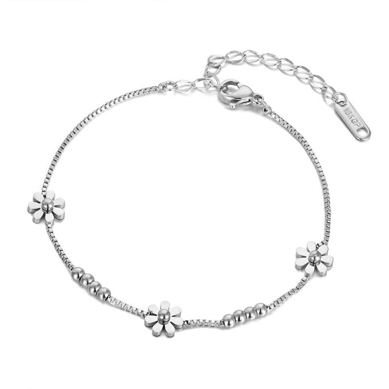 High Quality Box Chain Chrysanthemum And Beads Woman Anklet Top Quality Stainless Steel Gold And Rose Gold Color Anklet Gift
