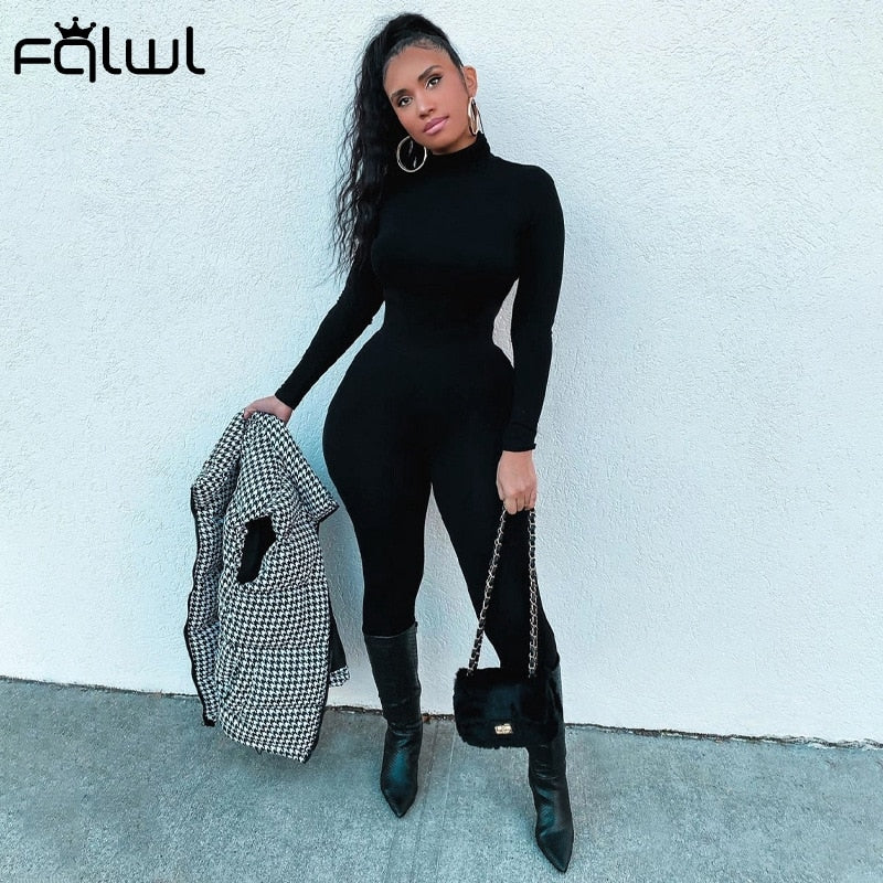 FQLWL Winter Long Sleeve Brown Sexy Bodycon Jumpsuit Women Romper One Piece Outfit Turtleneck White Black Jumpsuit Female Ladies