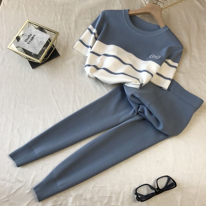 MASTGOU Letter Printing  Summer Women T Shirt Tracksuits Short Sleeve Women Sweater Top Tee Shirt + Pencil Pants Suits Two Piece