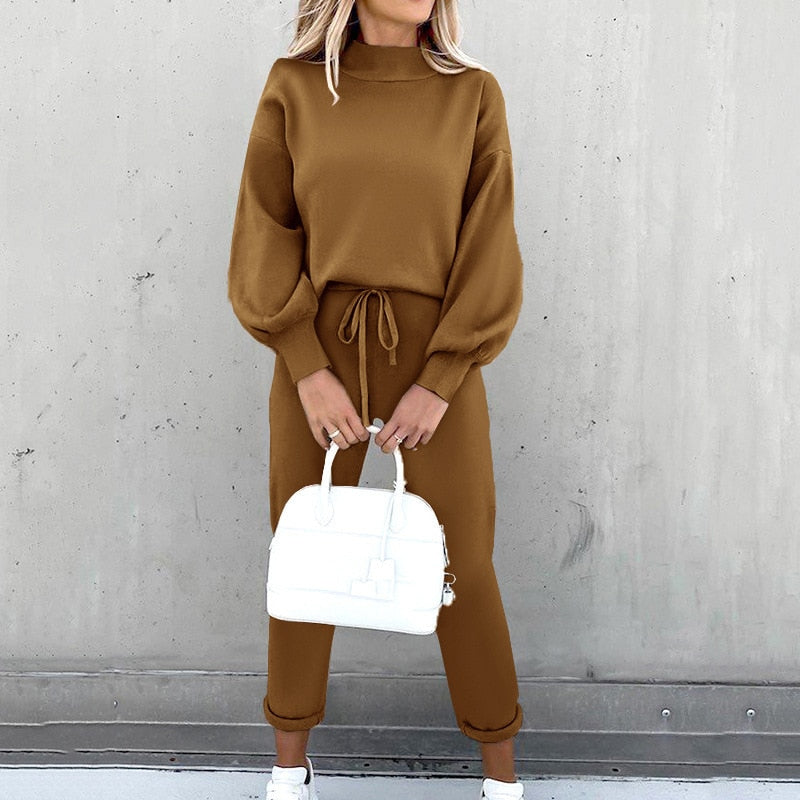 2021 autumn and winter new style women's fashion high collar leisure long sleeve solid color sweater pants two-piece set