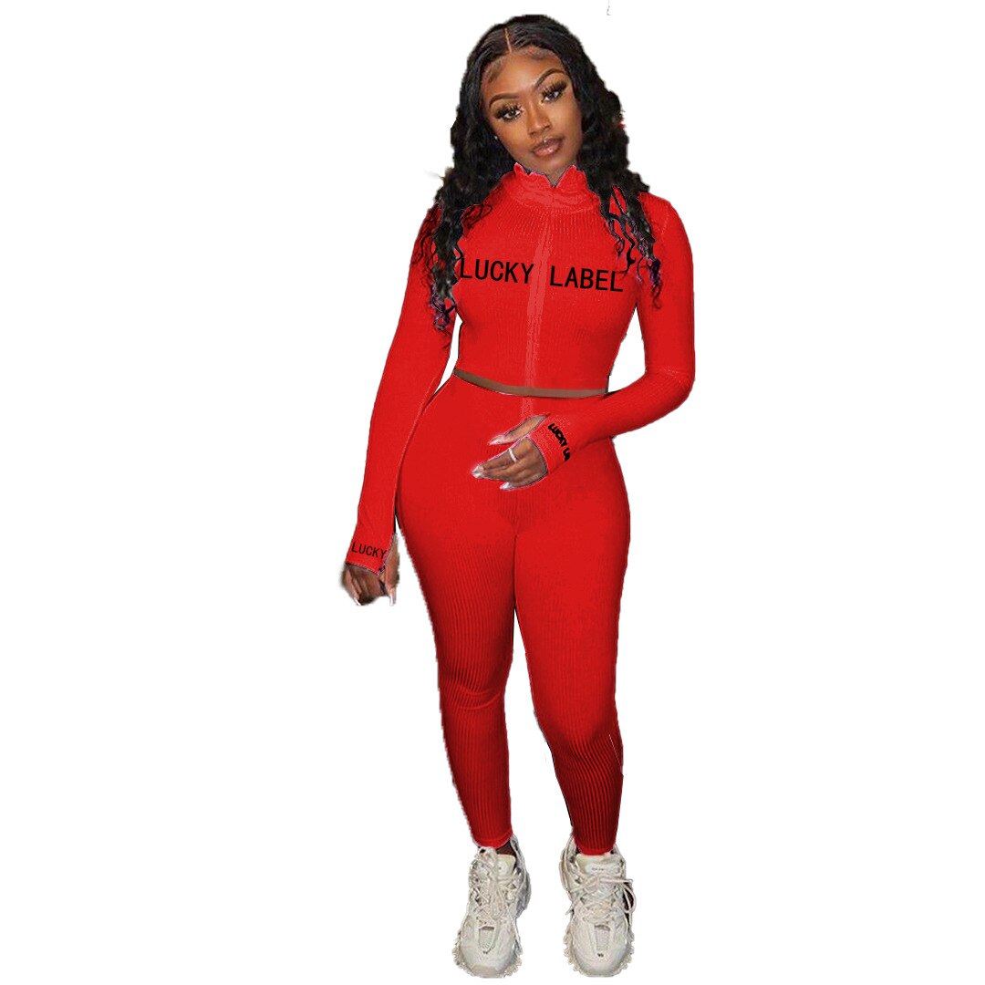 Lucky Label 2 Piece Set Women Fall Fitness Outfit Tracksuit Stretch Knitted Top Leggings Matching Set Girl Wholesale Dropshpping
