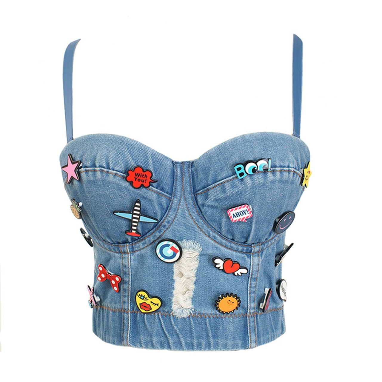 SXTHAENOO Fashion Sexy Denim Jeans Women's Button Bustier Bra Night Club Party Cropped Top Vest Plus Size