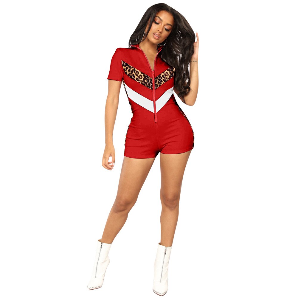 Romper Playsuit Shorts Jumpsuit Women Rumpers Fashion Zipper V Collar Short Sleeve Rompers Overall Leopard Patchwork Bodysuit