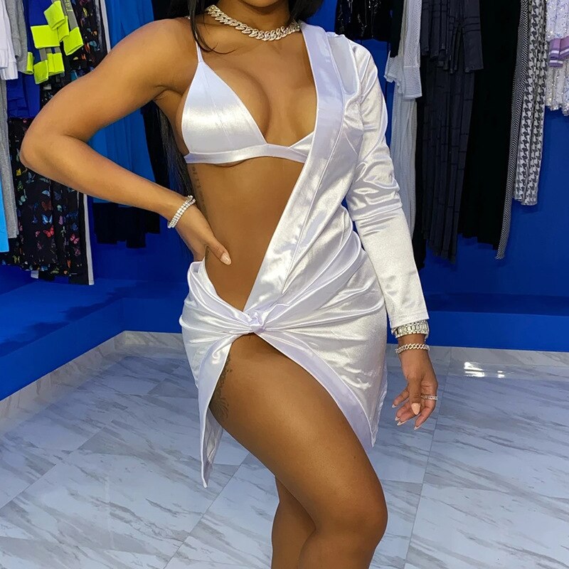 CM.YAYA Two 2 Piece Set for Women Sexy Club Party Tracksuit Outfits One Sleeve Slit Tie Up Mini Dress + Bra Set Fall Winter