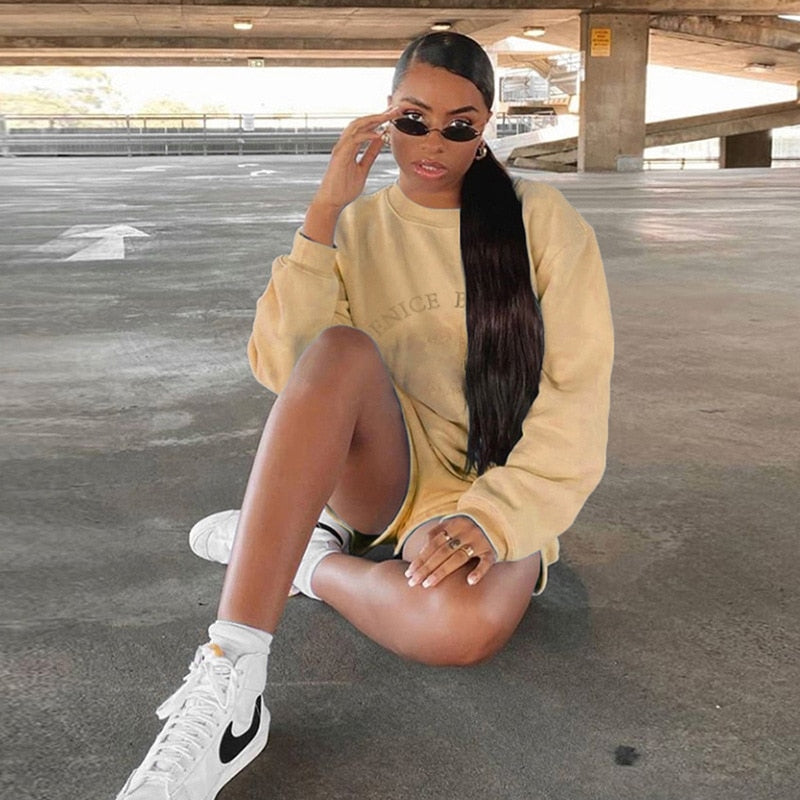 NCLAGEN Letter Embroidery Women Loose Casual Sweatshirt Fleece Pullovers And Drawstring Shorts Two Pieces Set Thick Tracksuit