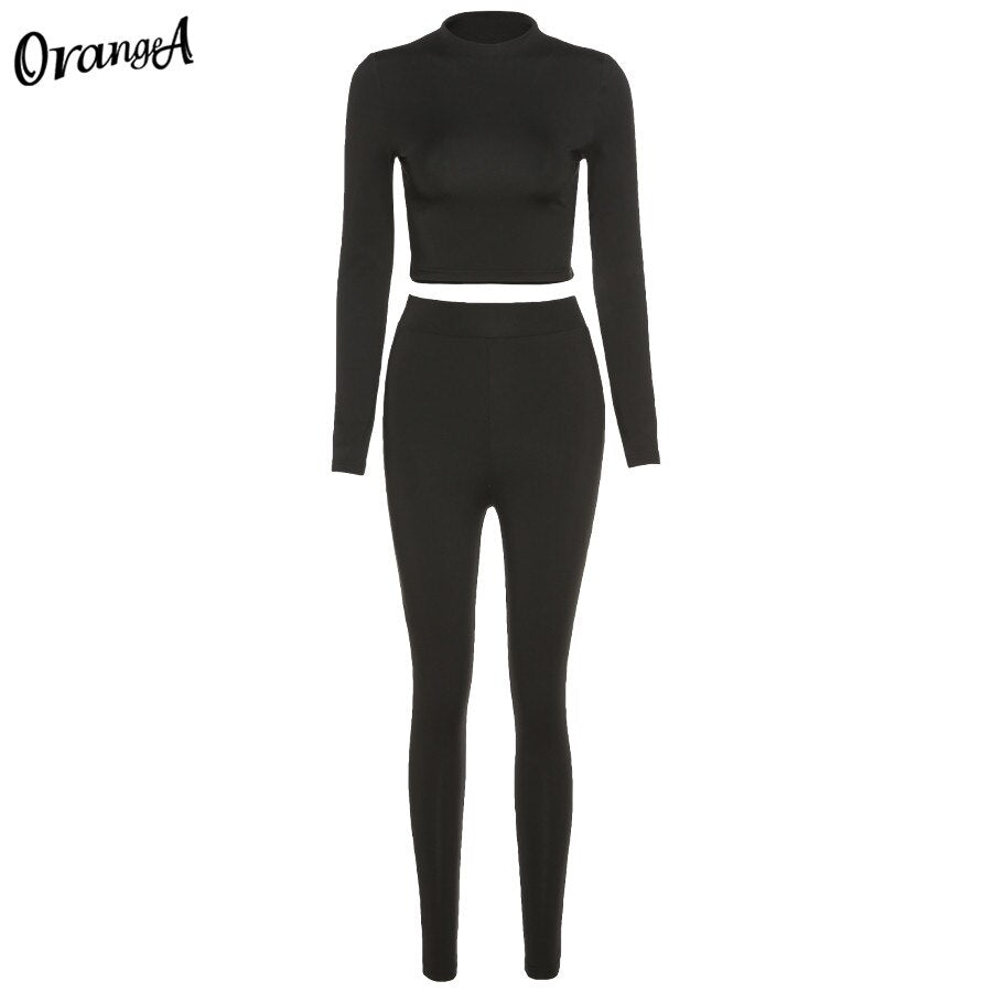 OrangeA turtleneck tracksuit women solid long sleeve crop top leggings sporty bodycon streetwear stretchy matching set outfits