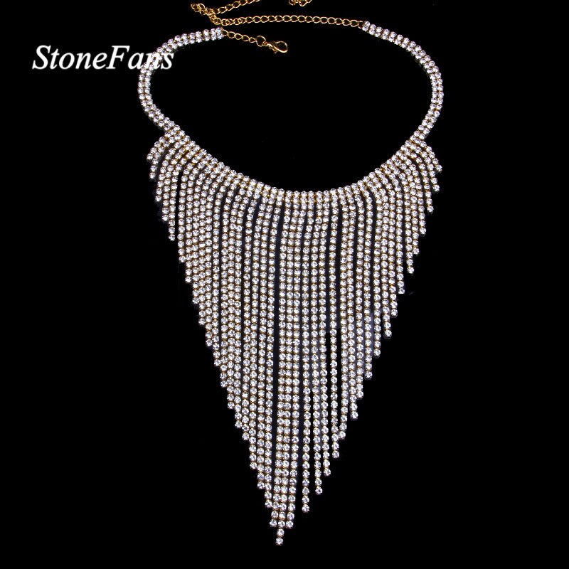 Stonefans Ethnic Long Tassel Choker Necklace Rhinestone Jewelry for Women Bohemian Geometric Crystal Statement Necklace Collar