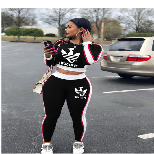 2020 Fall Winter Women Sport Fitness 2 Two Piece Set Outfits Long Sleeve Crop Tops Tshirt Leggings Pants Set Bodycon Tracksuit