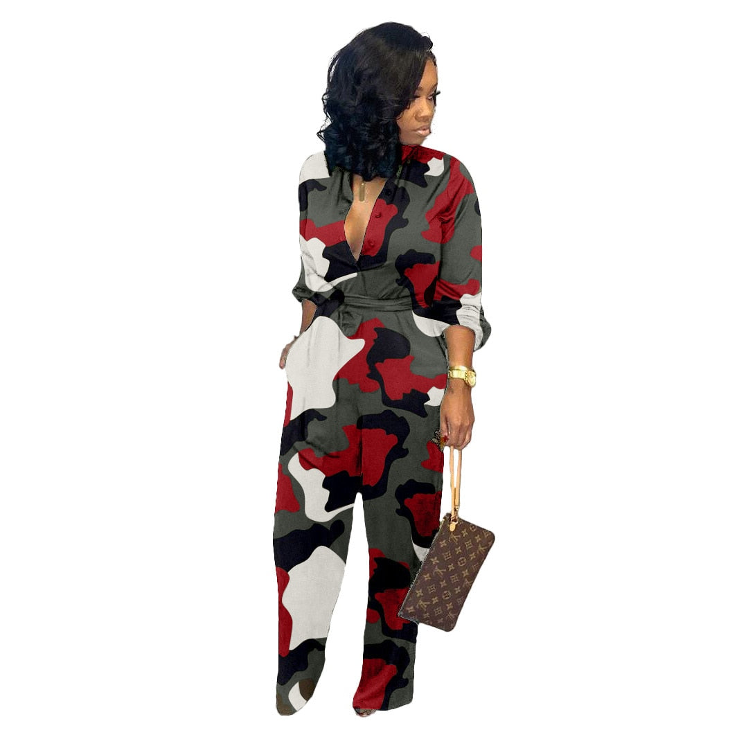 Camo Print Women Jumpsuit Autumn Long Sleeve Wide Leg Pants Elegant Rompers Casual Loose Plus size Overalls with Pocket