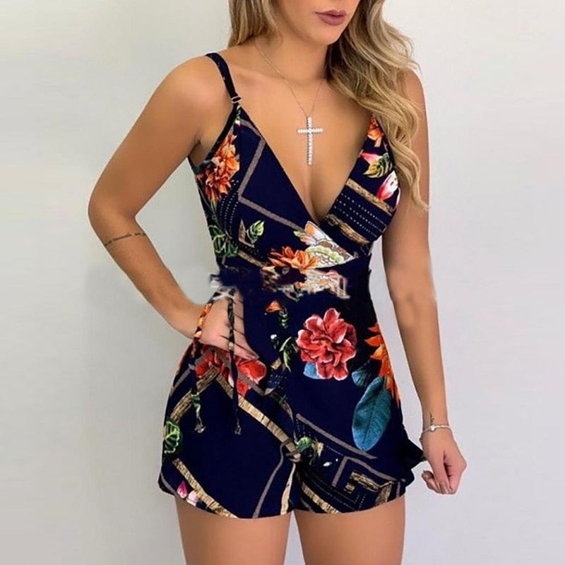 Sexy V-neck Spaghetti Strap Floral Print Women Short Romper Playsuit Female Beach Ruffle Sleeveless 2021 Fashion Casual Jumpsuit