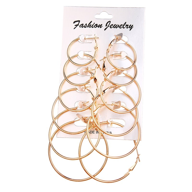 FNIO Statement Gold/Sliver Big Bamboo Circle Hoop Earrings For Women Hip Hop Earrings set Classic Jewelry 3pcs/set