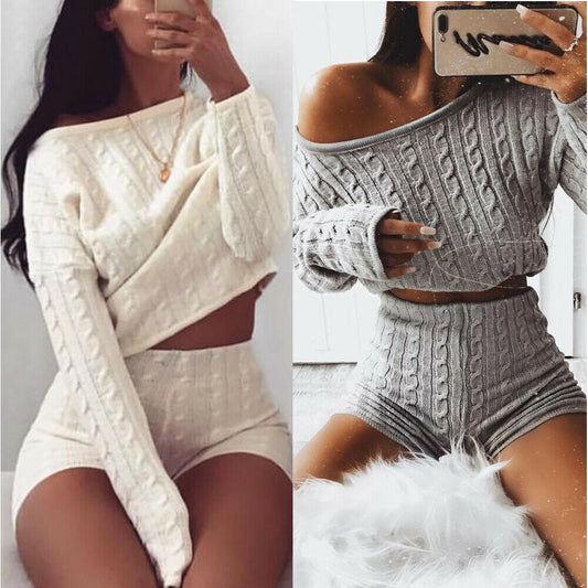 NEW 2020 Knit 2 Piece Set Women's Long Sleeve Crop Tops &amp; Short Pants Sexy Winter Sweater Two Piece Clothing Set