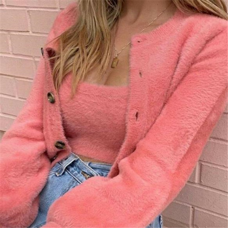 Women Clothes Set Autumn Winter Ladies Loose Long Sleeve Cardigan Tops+Vest Fleece Kimono Tops Blouse Coat Jacket Clothing Set