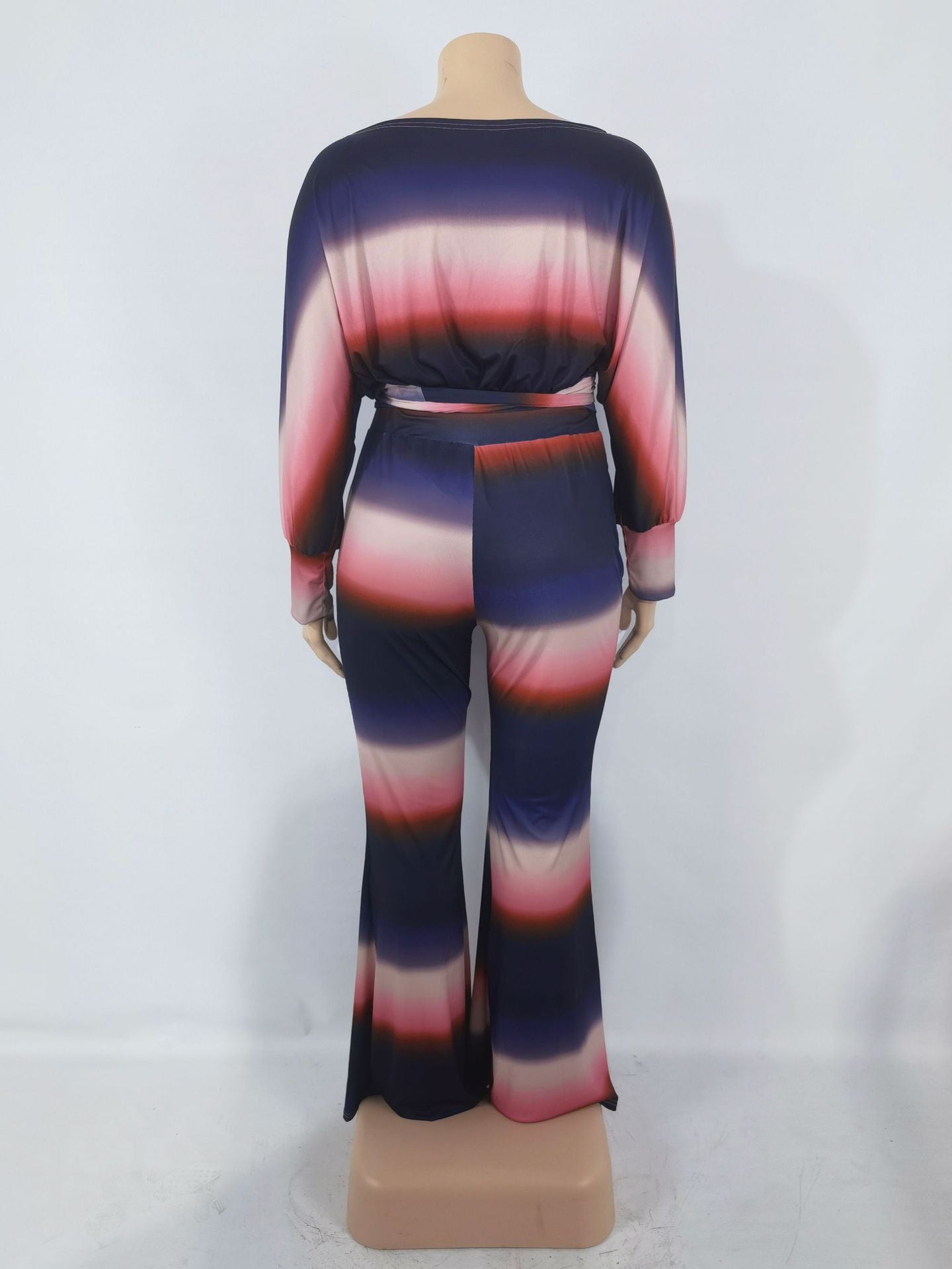 Women Plus Size Set Tie Dye Print Long Sleeve Bandage Crop Tops Loose Long Pants 2 Piece Sets Casual Streetwear Summer