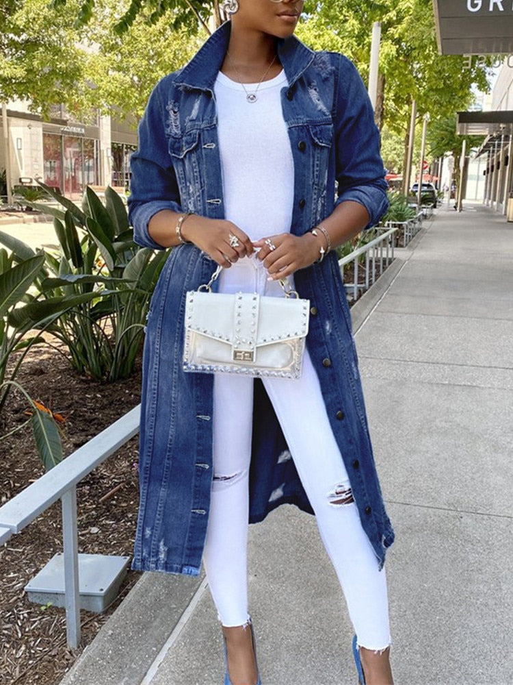 Autumn Women Sexy Ripped Denim Jackets 2021 Vintage Casual Long Jean Jacket Winter Female Long Sleeve Coat Streetwear