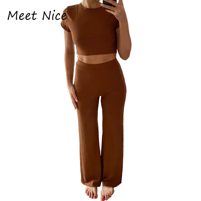 2 Two Piece Set Women Ribbed O Neck Crop Top and Long Pants Set Sexy Autumn Short Sleeve Tracksuit Women Conjunto Feminino 2022