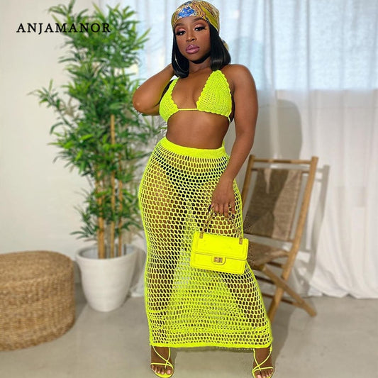 ANJAMANOR Hollow Out Crochet Sexy Summer Two Piece Set Top and Skirts Matching Sets Beach Cover Up Neon Club Outfits D48-DD20