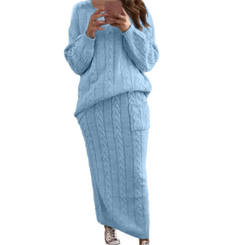 Fashion Streetwear Ribbed Knitted 2 Piece Outfits Full Sleeve Sweater Matching Set Plus Size Skirt Elegant Casual Fall Clothing