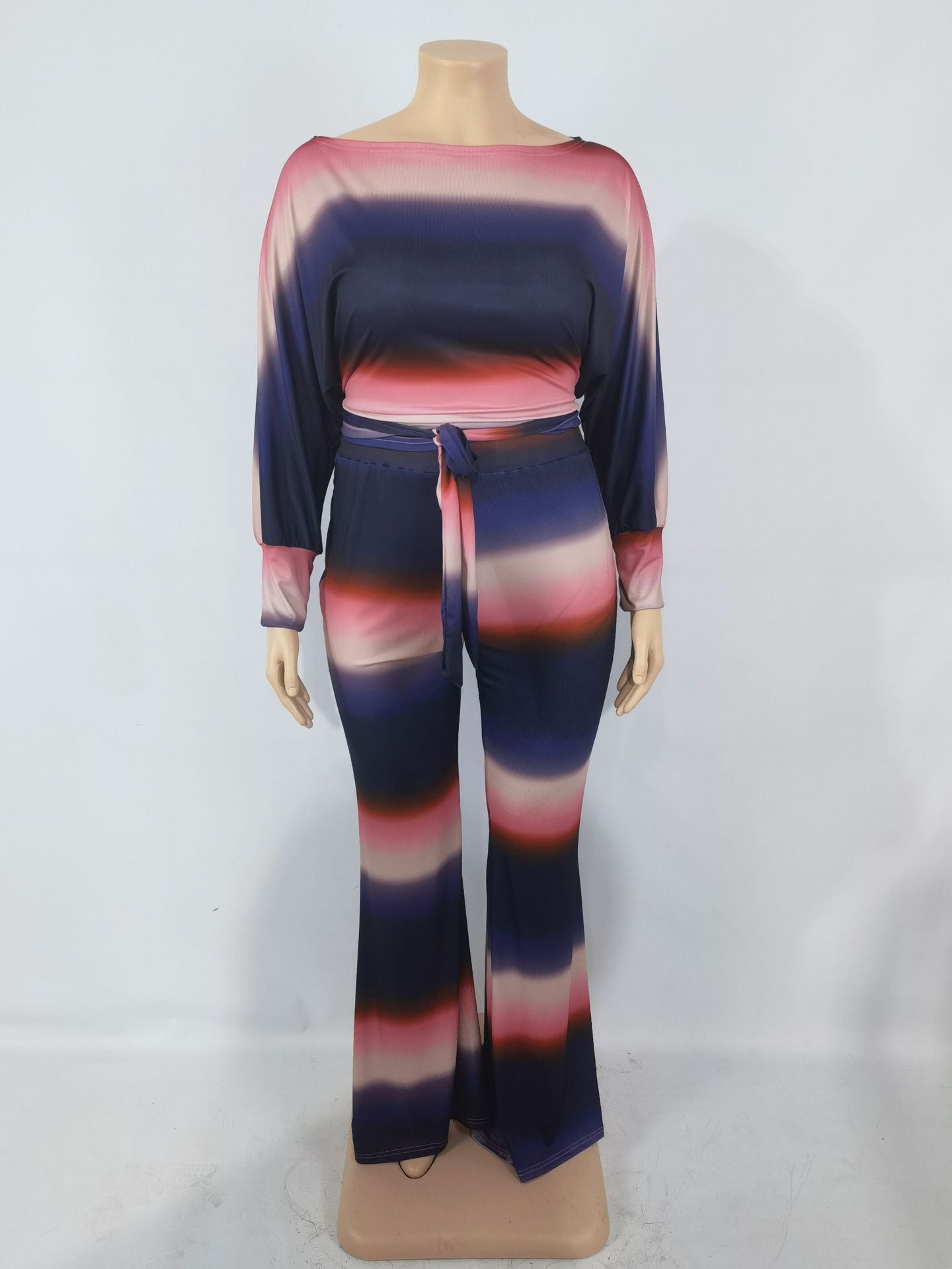 Women Plus Size Set Tie Dye Print Long Sleeve Bandage Crop Tops Loose Long Pants 2 Piece Sets Casual Streetwear Summer