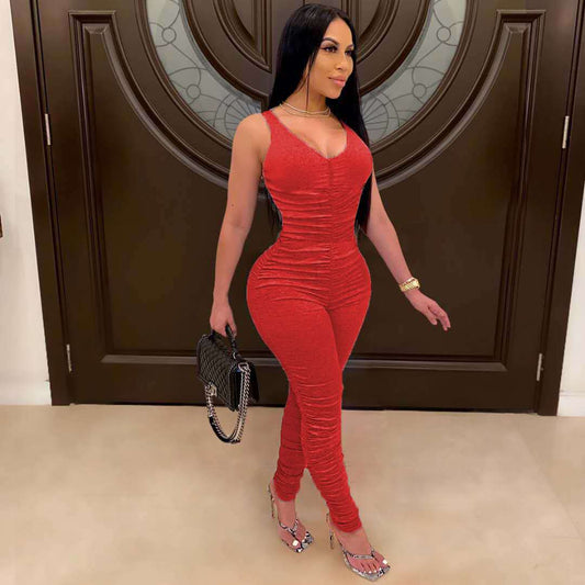 Red Sexy Rompers Jumpsuit Women Fashion V Collar Sleeveless Rumper Jumpsuit Stacked Romper Long Pants Backless Sexy Bodysuit