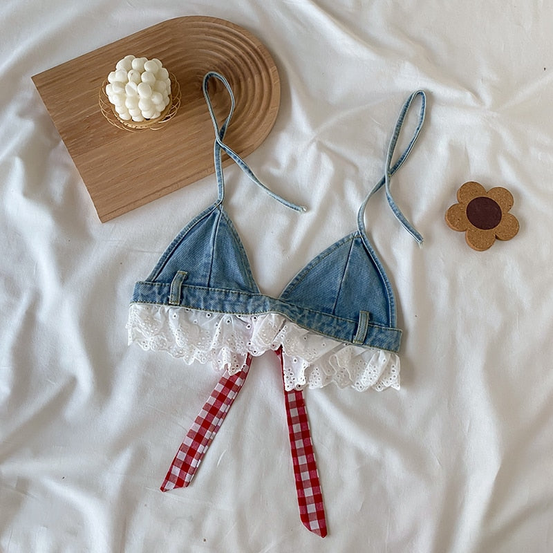Lolita Girls Blue Denim Lace Two Piece Set Sexy Women Bustier Camis Crop Top High Waist Shorts Outfits Sexy Femenino 2 Piece Set