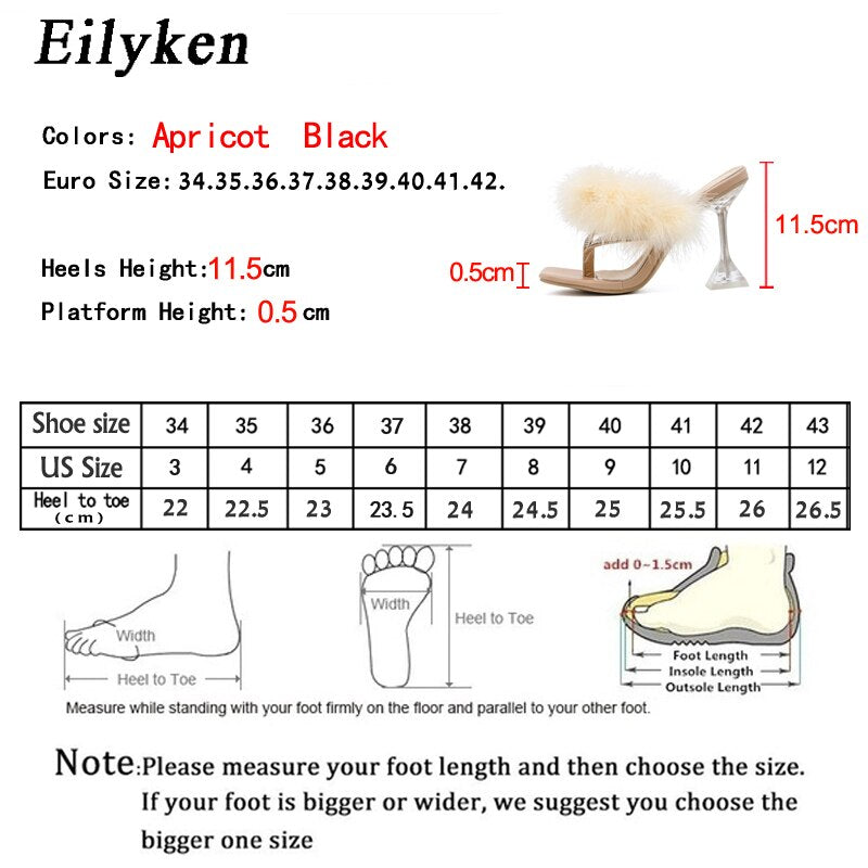 Eilyken Summer Slippers Women Furry Slides Fashion Square Toe Transparent Perspex Heels Rhinestone Sandals Female Flip Flop Shoe