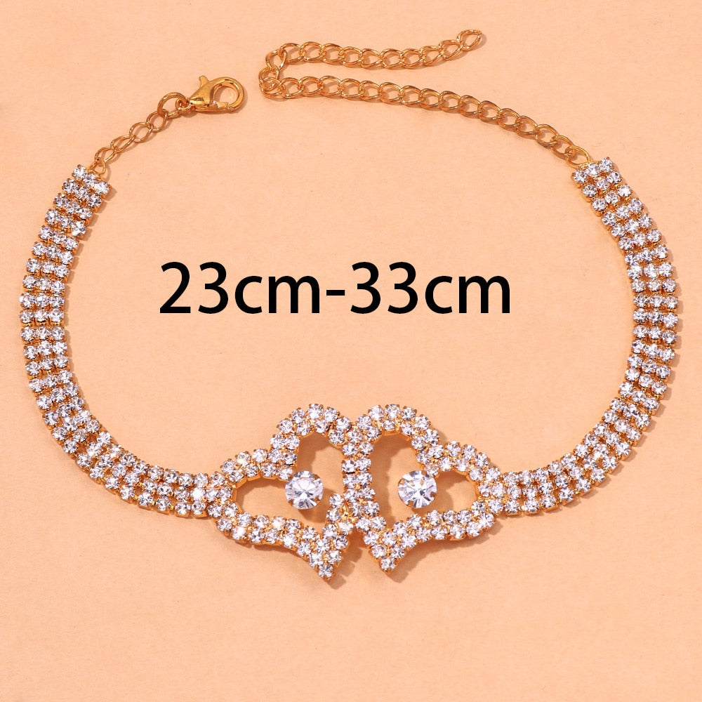 Stonefans Luxury Women Rhinestone Double Heart Anklet Wholesale New Crystal Tennis Chain Anklet Bracelets on Hand Jewelry Gift