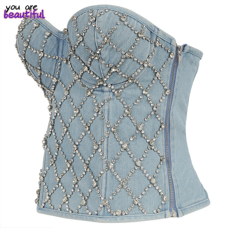 Sexy halter Denim Rhinestone corset crop top women corset tube top woman built in bra sequins off shoulder sleeveless jeans tee