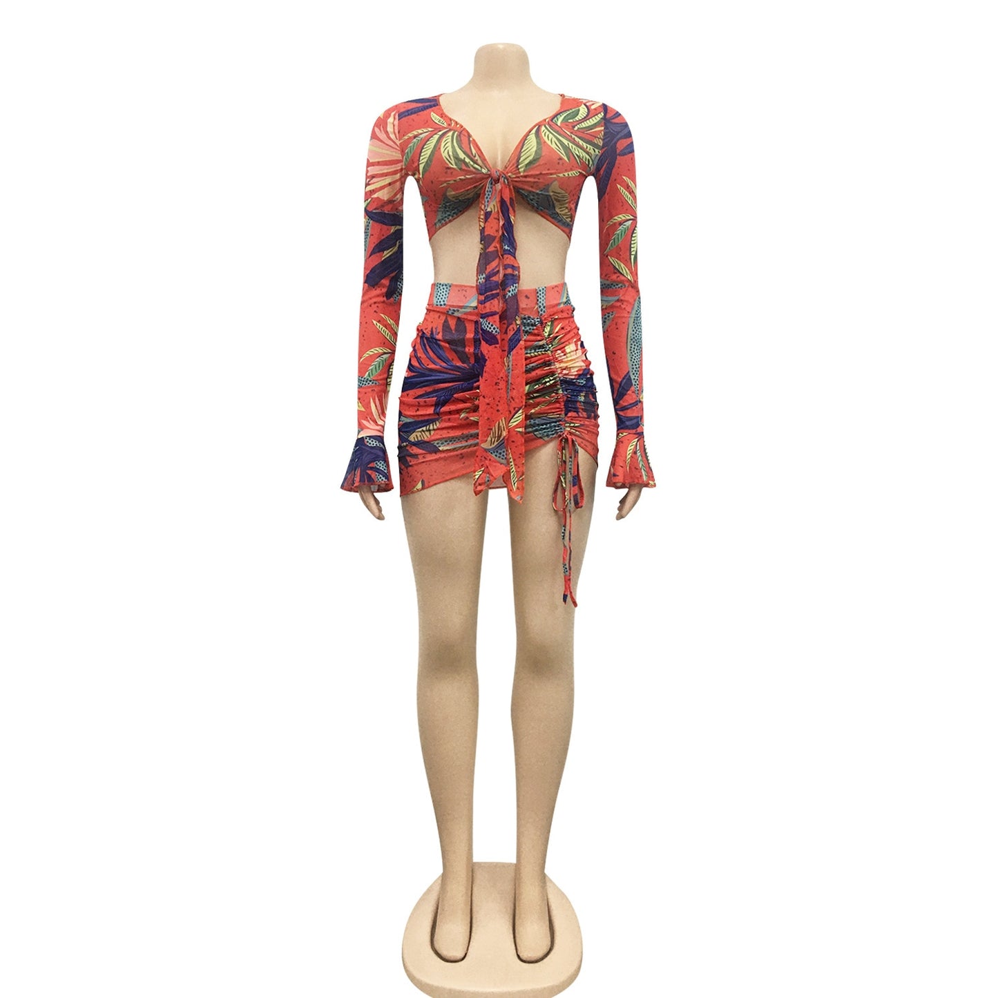 ANJAMANOR Tropical Floral Print Sheer Mesh Matching Skirt Set Sexy Beach Outfits Club Wear Two Piece Set Women 2021 D42-CG17