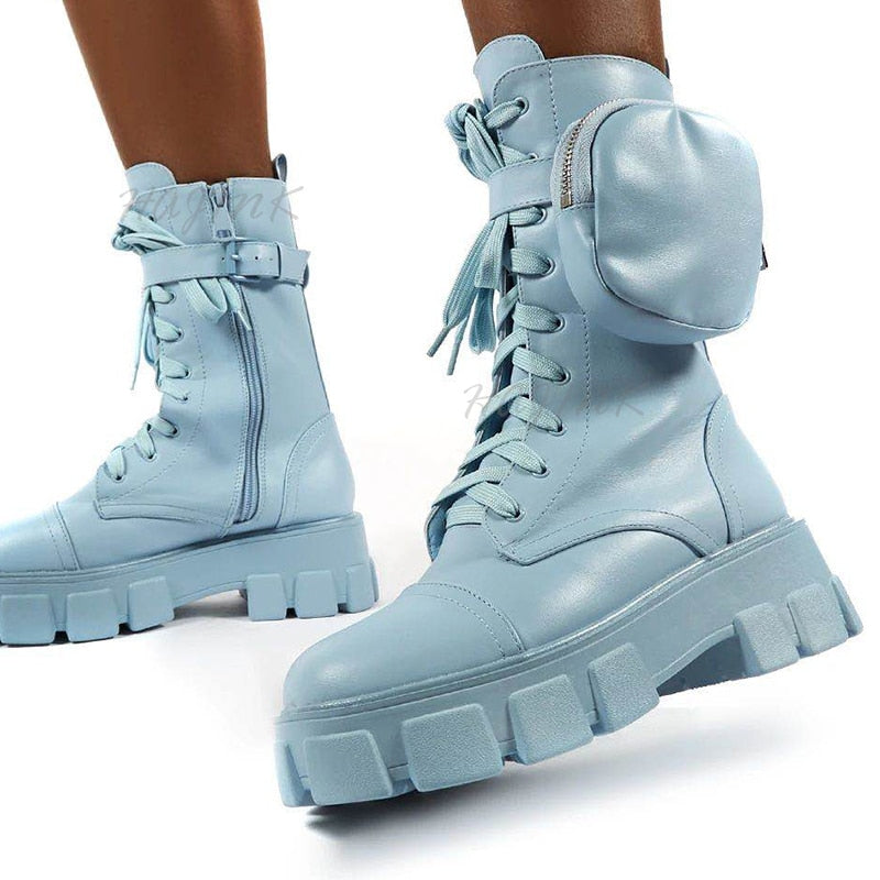 Women Boots 2020 Fashion Chunky Boots Pocket Platform Boots White Shoes For Women Autumn Winter Boots High Heels Botas Mujer