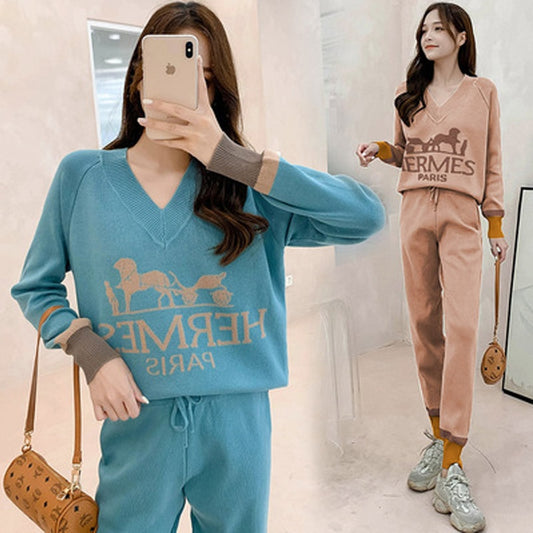 Design 2 Pieces Set Women Oversize Tracksuit V NECK Sweater Pullover Straight Pant Sweater Set CHIC Knitted Outwear Sweater Suit