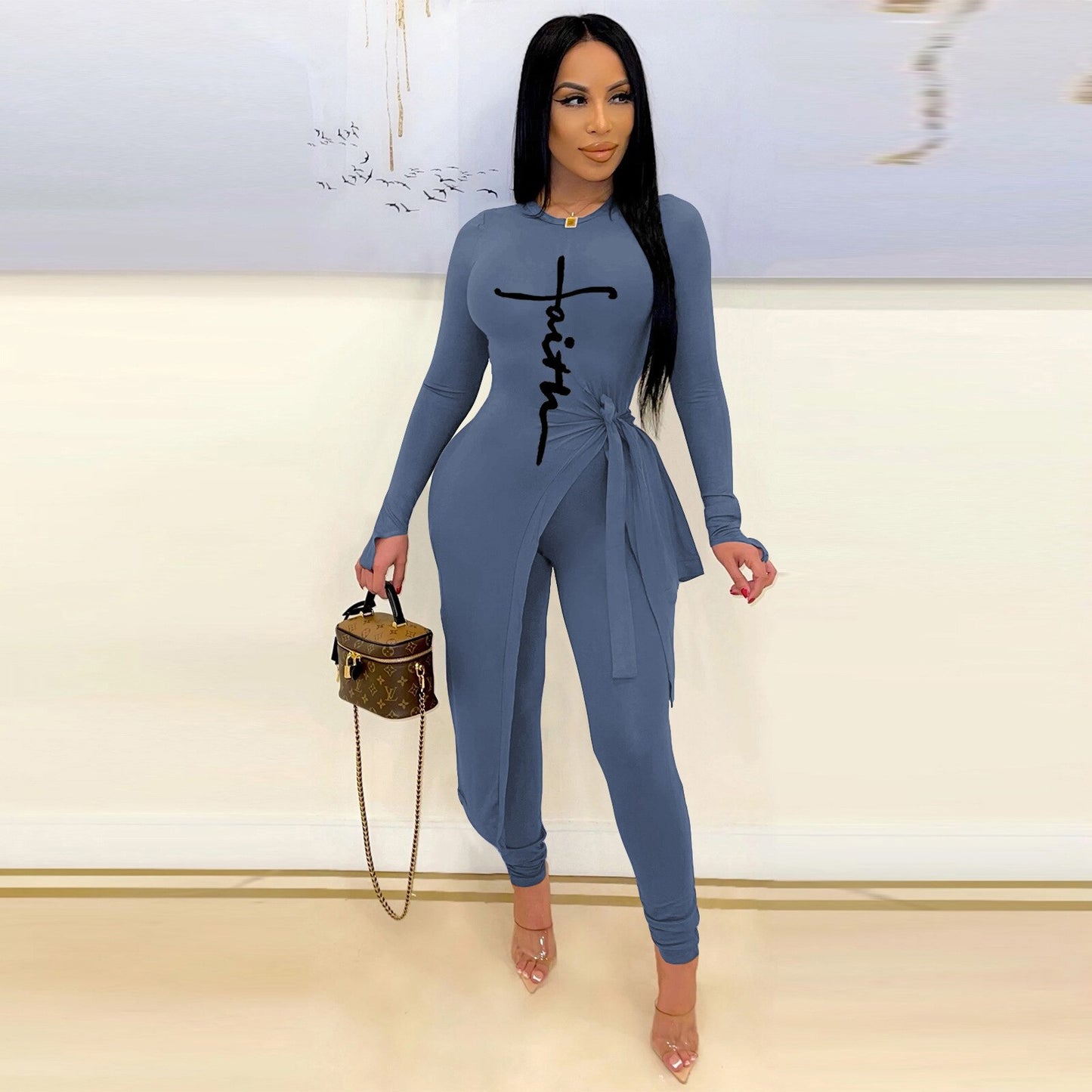 Faith Print Women Knitted Skinny Set Ladies Long Sleeve Sweater Legging Pants Suits Autumn Winter Bodycon Tracksuits Fitness Set
