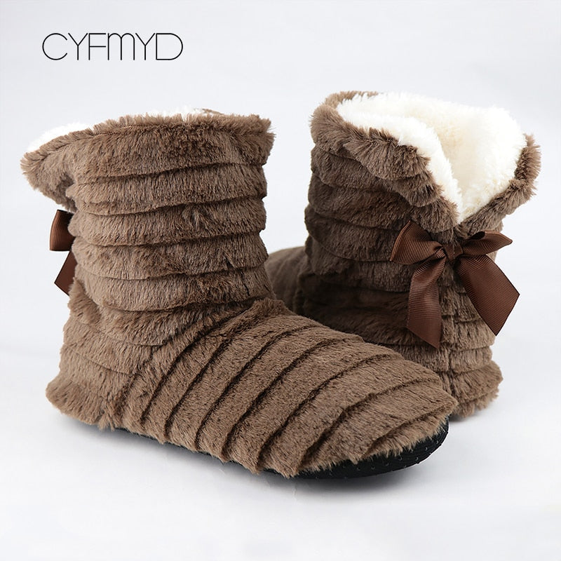 Women's shoes Fur slippers for home 2021 Butterfly-knot Furry house shoes Bedroom slippers girls warm soft indoor Boots Slippers