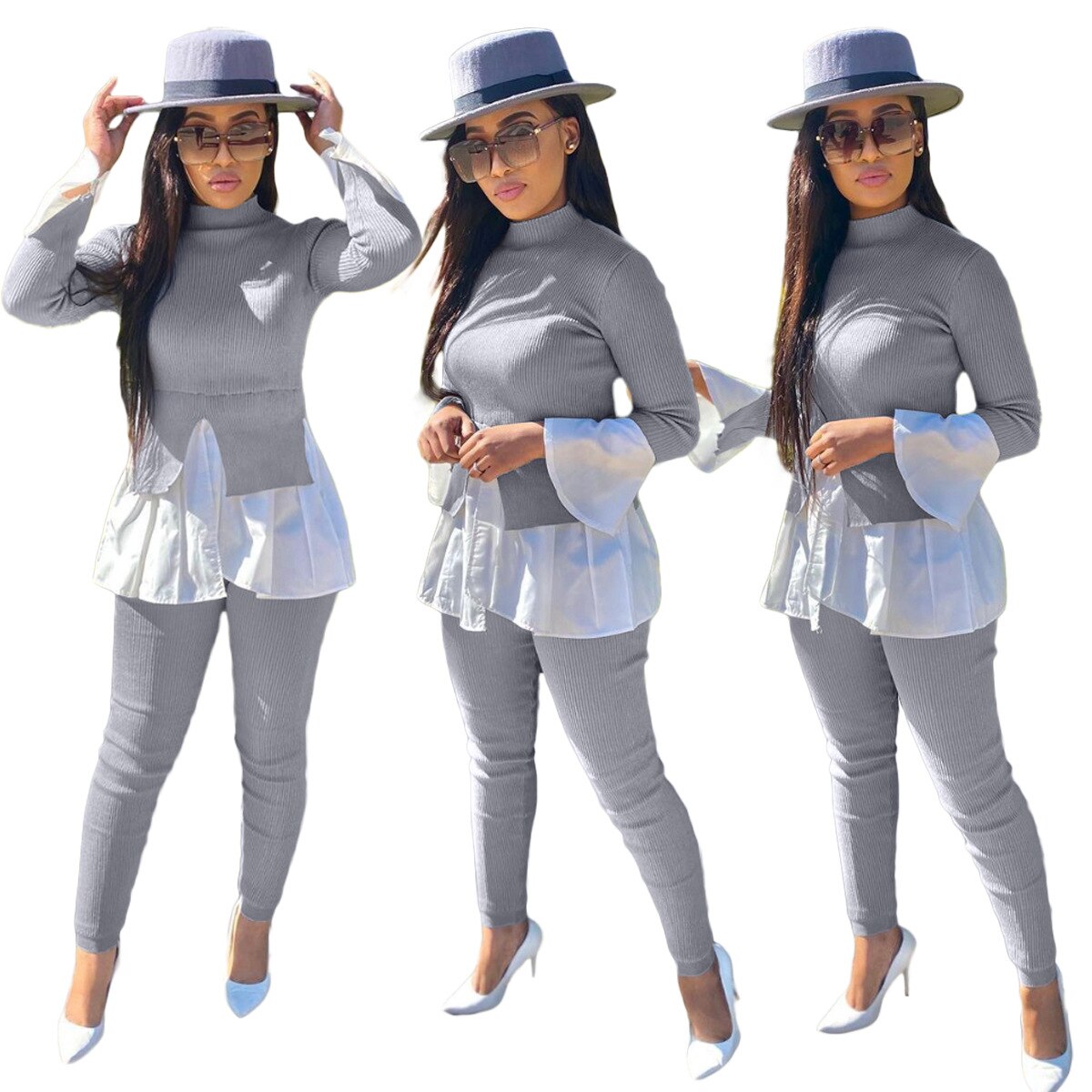 Two Piece Pant Suits Sets Turtleneck Sweater Long Sleeve Ruffle Trim Patchwork Knit Pullover Leisure Trendy Women Spring Autumn